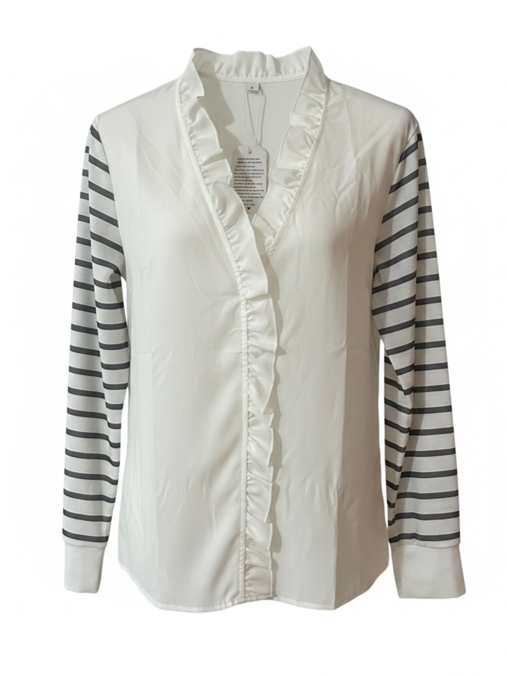 White Ruffle V-Neck Blouse with Striped Sleeves